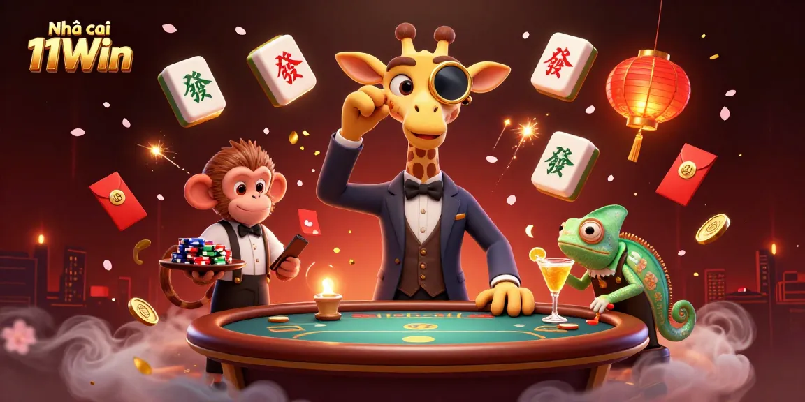 Engage with Nhà cái 11Win's vibrant casino scene featuring a giraffe, monkey, and chameleon.